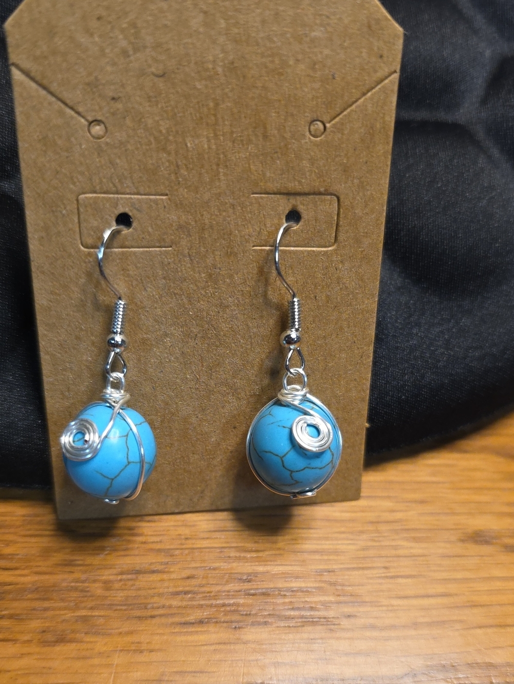 Turquoise Wire-Wrap Bead Drop Earrings
